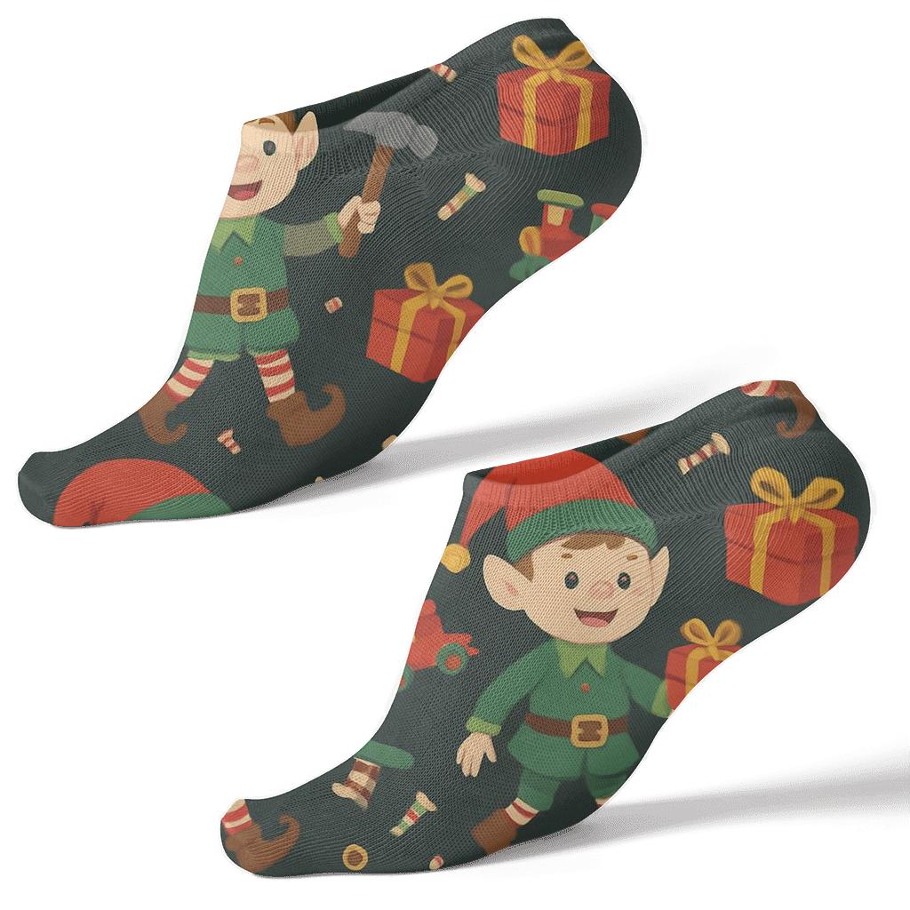 Christmas Elf Workshop Scatter On Charcoal comfortable cotton ankle socks