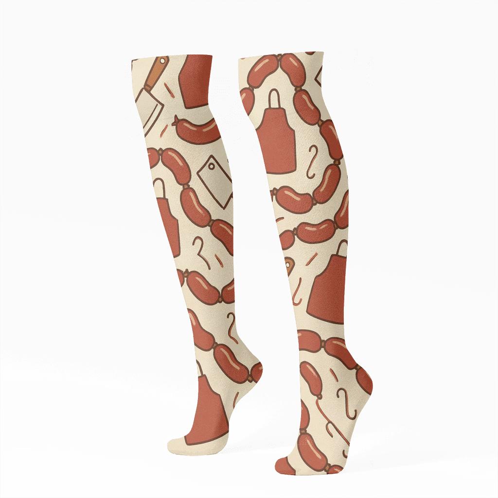 Sausage Tiling With Butcher Apron Icons unique graphic knee-high socks