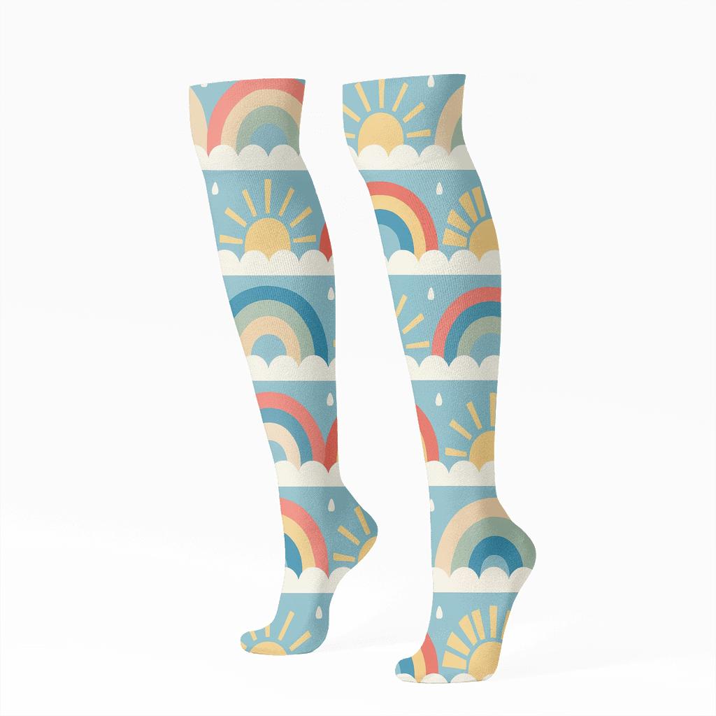 Sky Blue Rainbow Sunbeam Band Border Pattern designer print knee-high socks