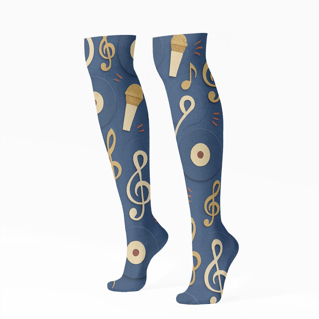 Vinyl Constellations In Musician Collage trendy patterned knee-high socks