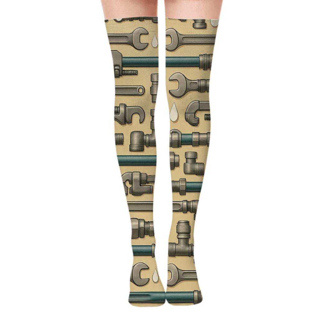 Tool Collage Pattern Bands With Plumber Motifs designer print over-the-knee socks