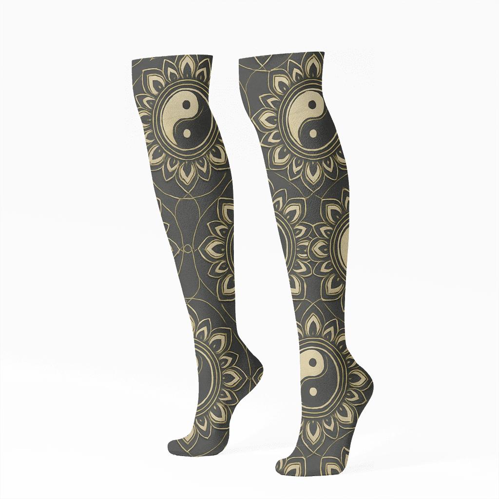 Mandala Taijitu Rosette Lattice On Charcoal Silk designer print knee-high socks