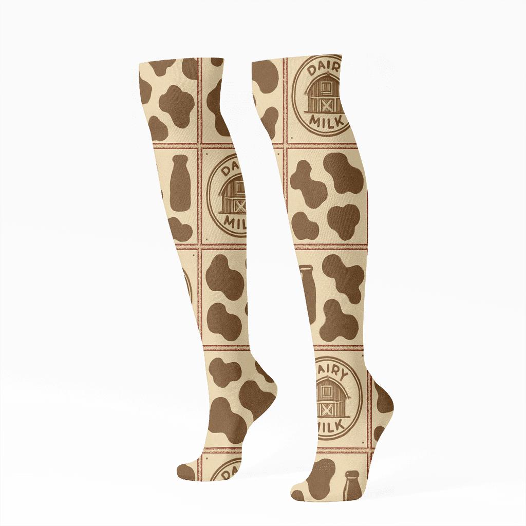 Retro Creamery Patchwork Cow Spot Labels stylish athletic knee-high socks