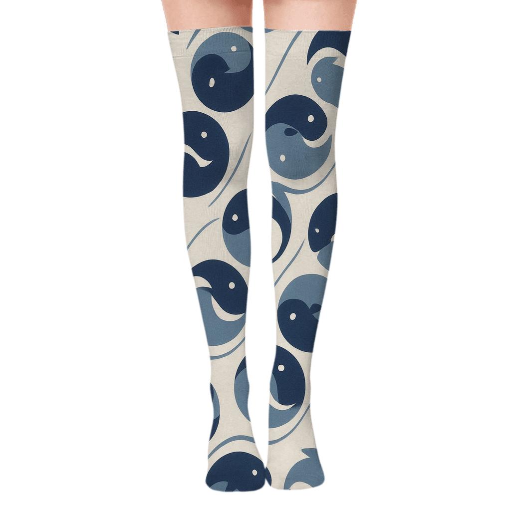 Indigo Koi Yin Yang Wave Bands On Pale Cream personalized over-the-knee socks
