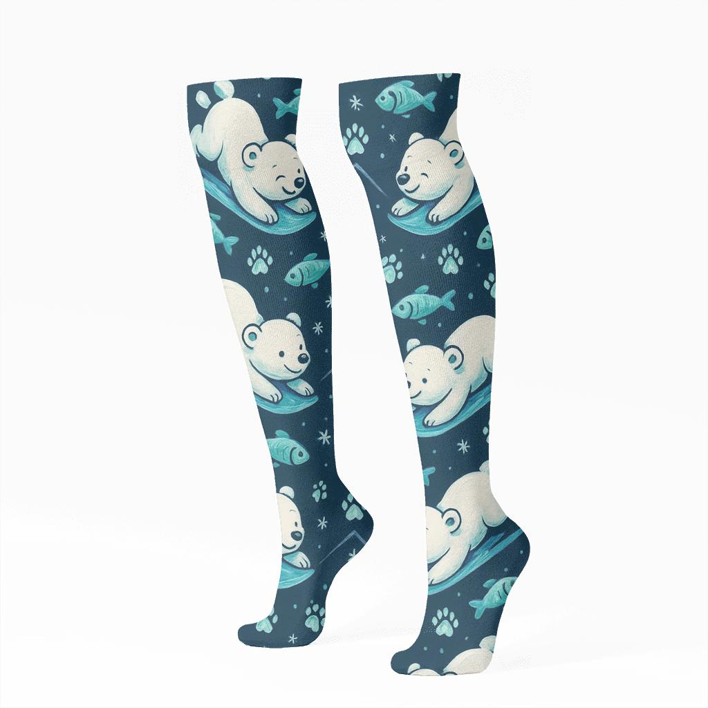 Snowflake Chevron With Polar Bear Cubs unique graphic knee-high socks