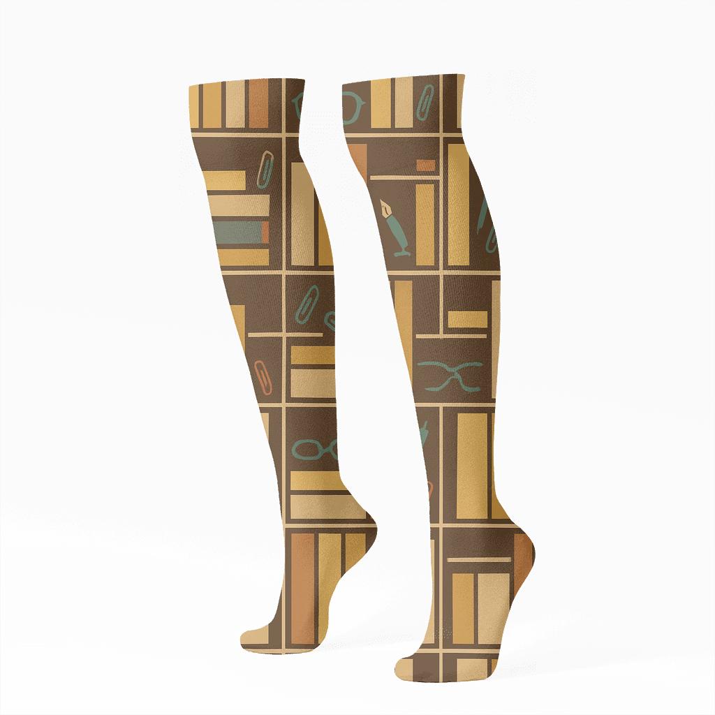 Librarian Book Spine Lattice On Walnut Brown trendy patterned knee-high socks