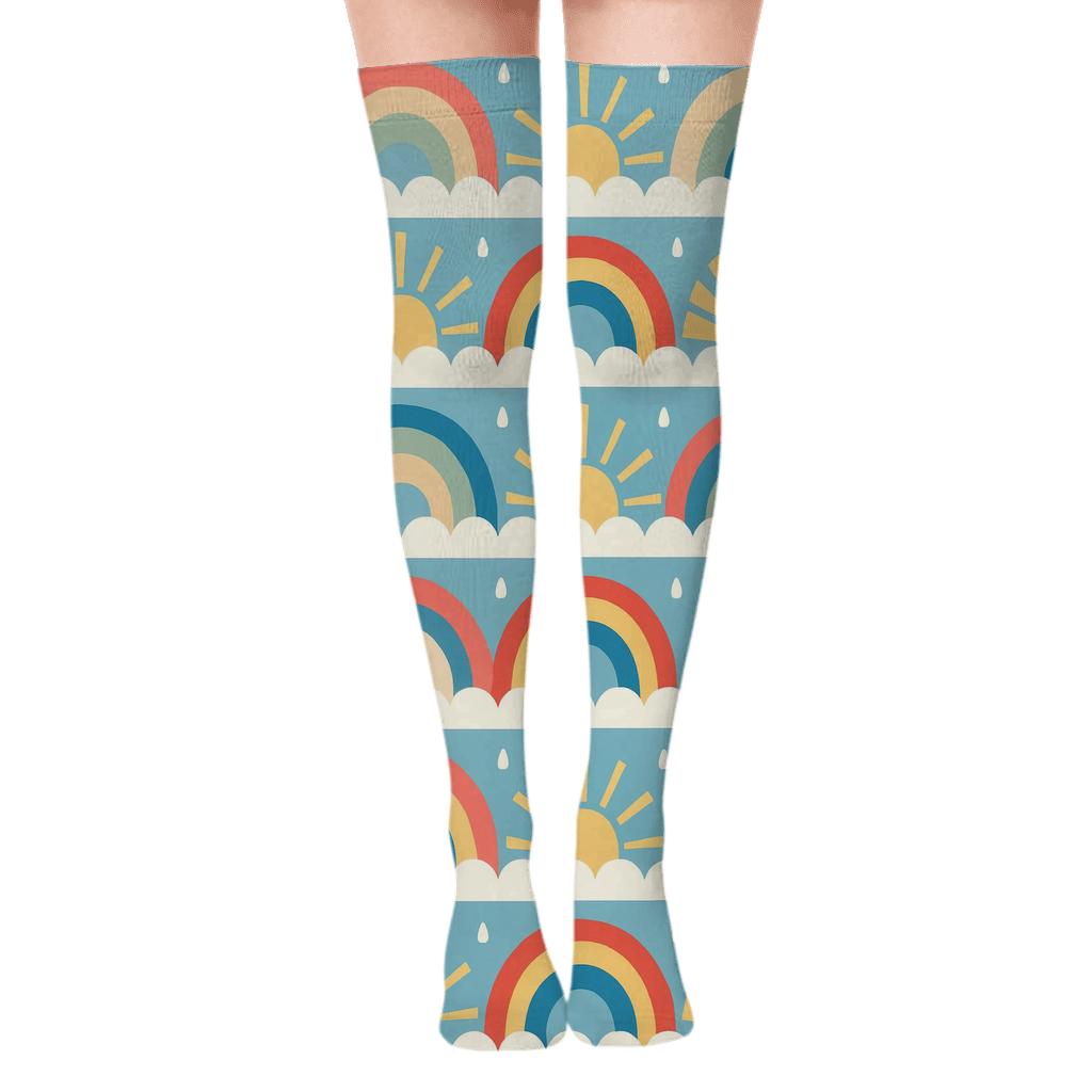 Sky Blue Rainbow Sunbeam Band Border Pattern custom over-the-knee socks