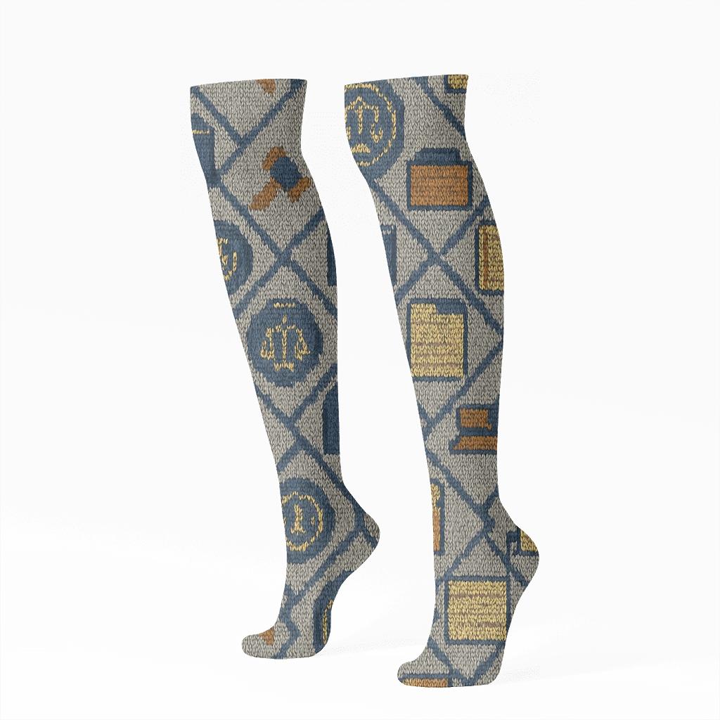 Court Clerk Gavel And Docket Knit Grid custom knee-high socks