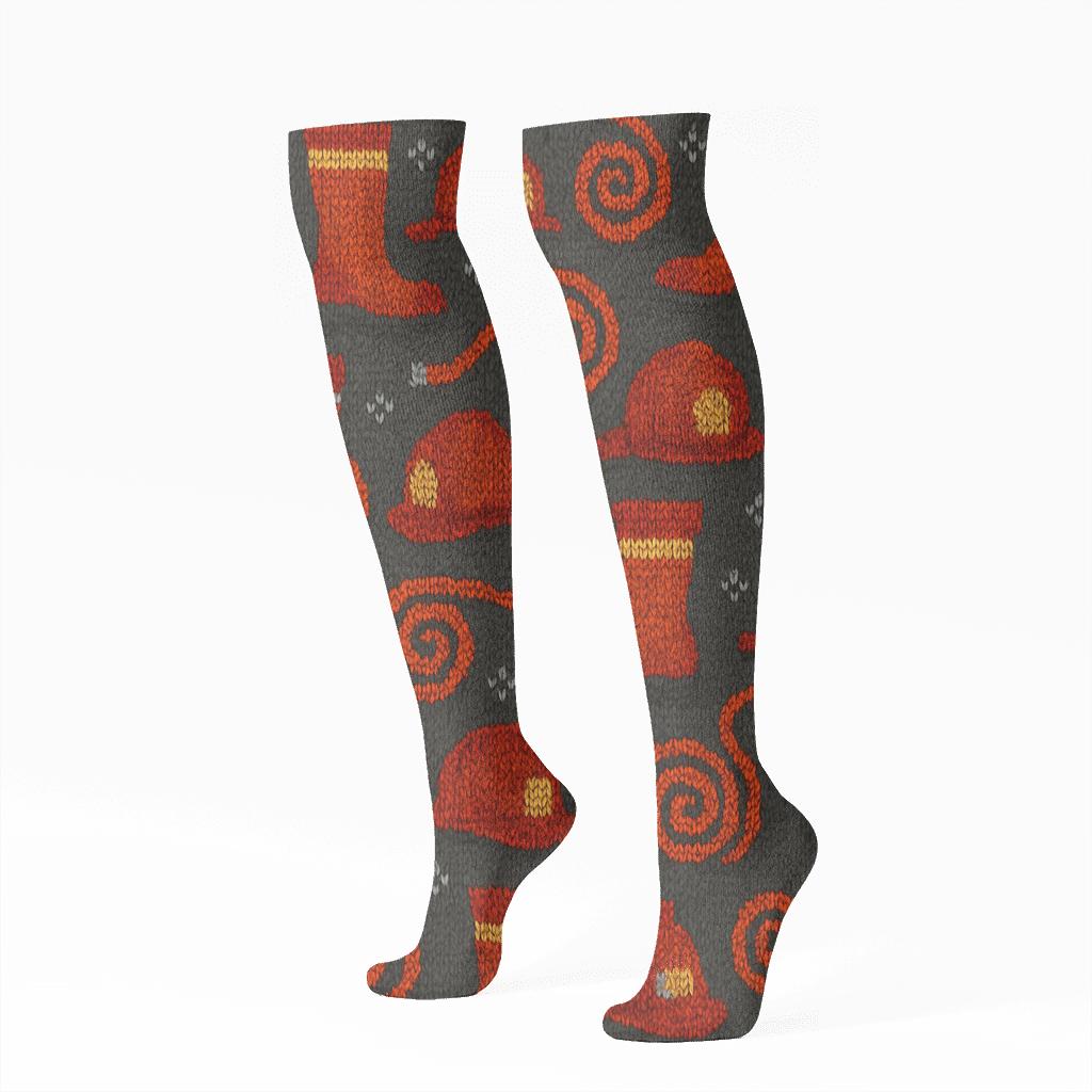 Knitted Pattern Illusion Turnout Boots For Fire Fighter designer print knee-high socks