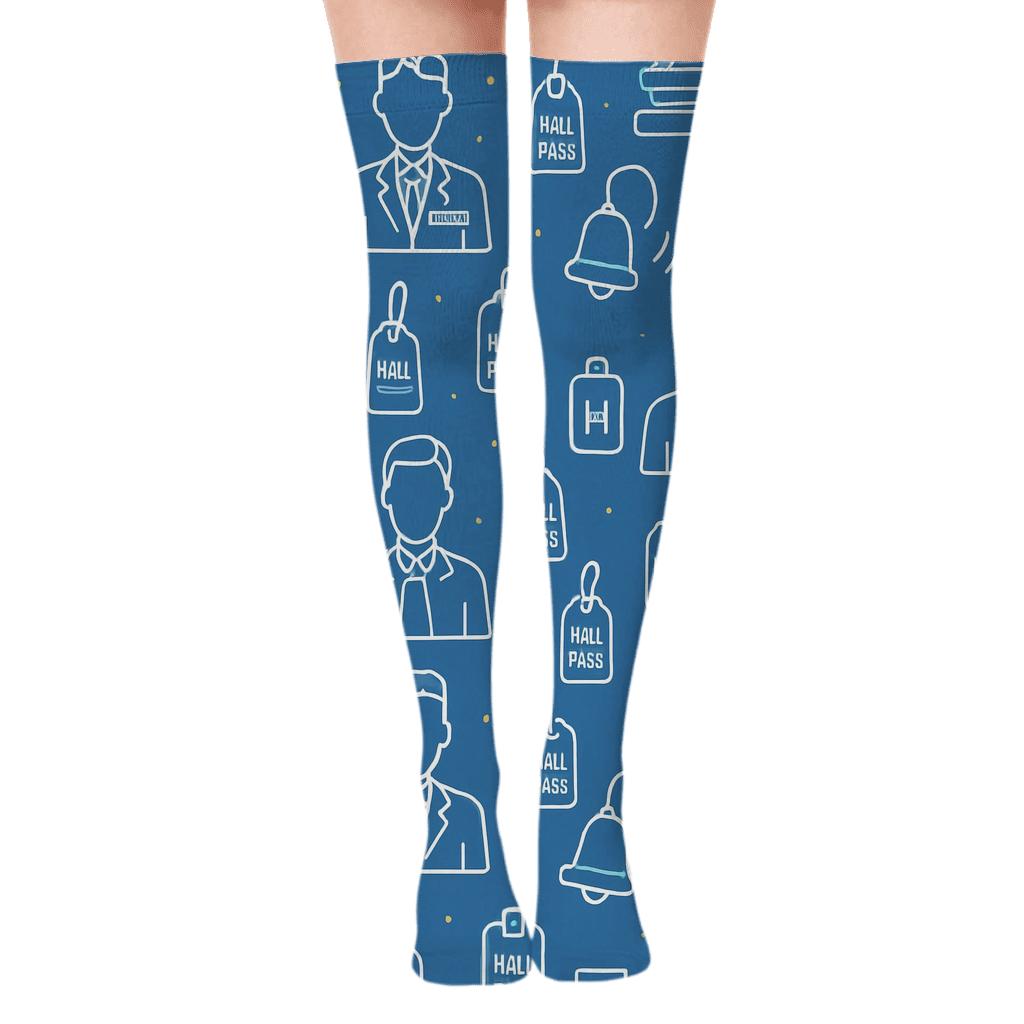 Hall Pass Harmony Pattern With School Principal Icons premium cozy over-the-knee socks