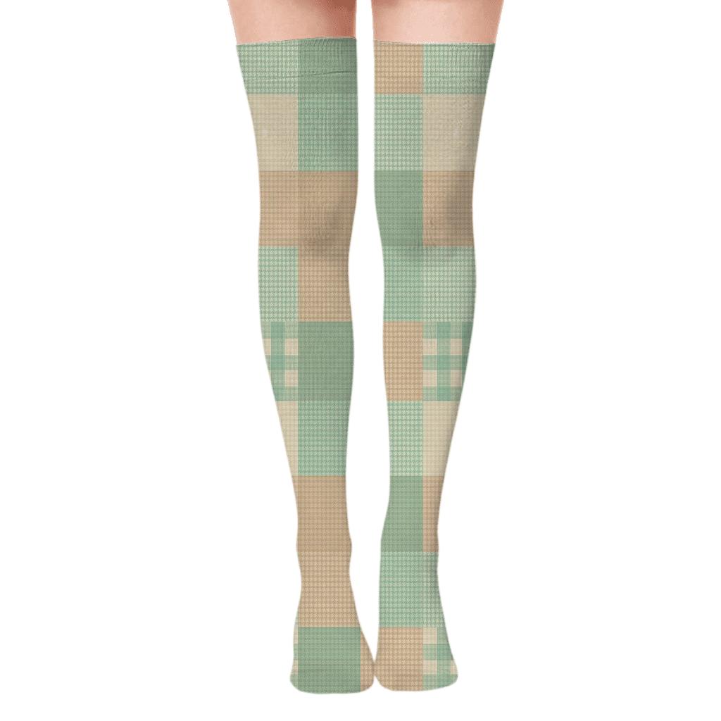 Pastel Gingham Micro Check Collage With Woven Texture Blocks unique graphic over-the-knee socks