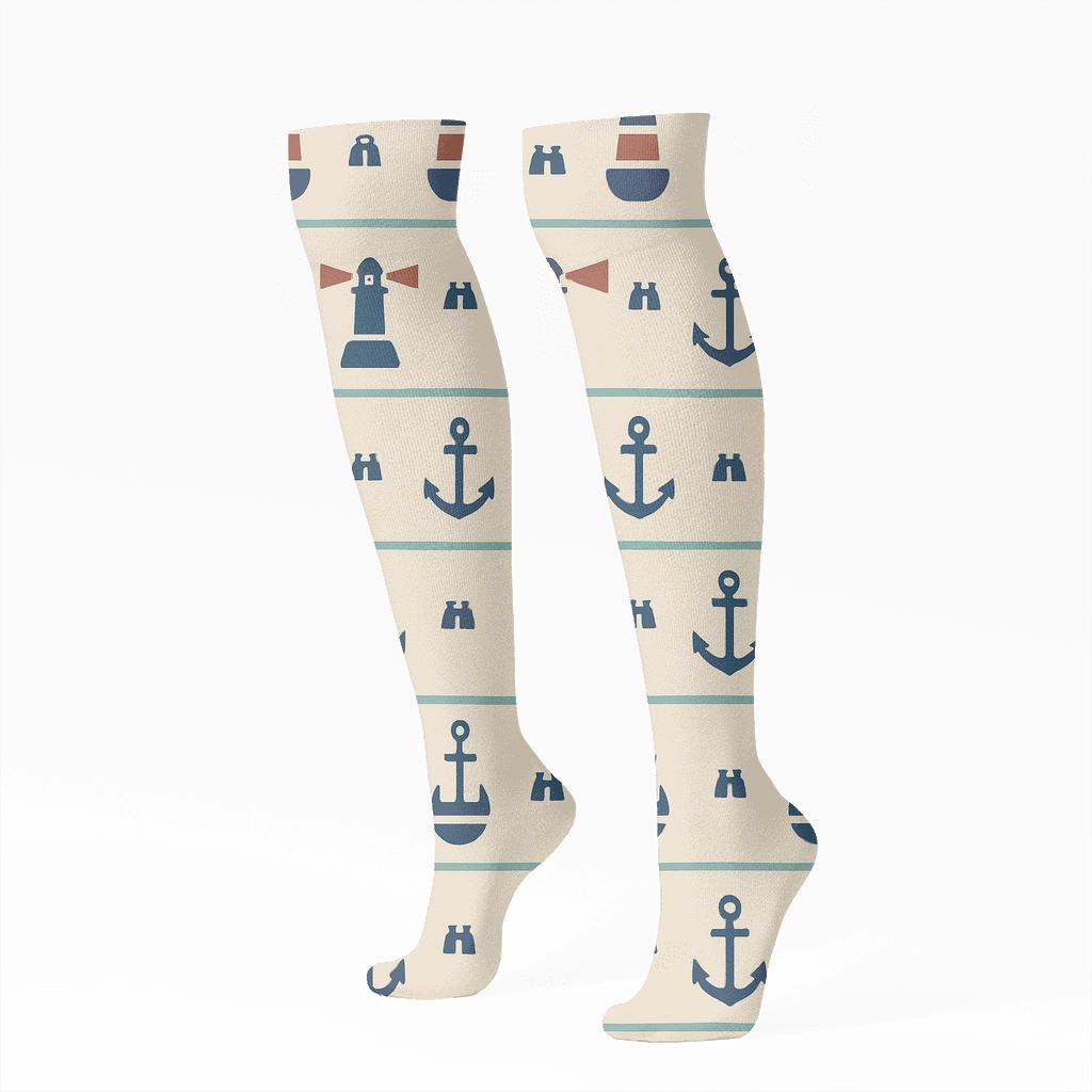 Buoy And Searchlight Bands, Nautical Chic With Coast Guard Officer comfortable cotton knee-high socks