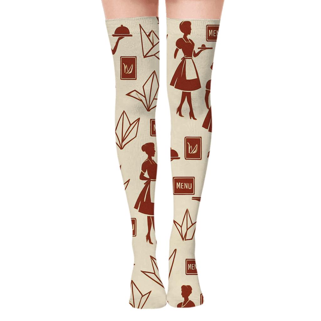 Napkin Fold Parade With Waitress Silhouette unique graphic over-the-knee socks