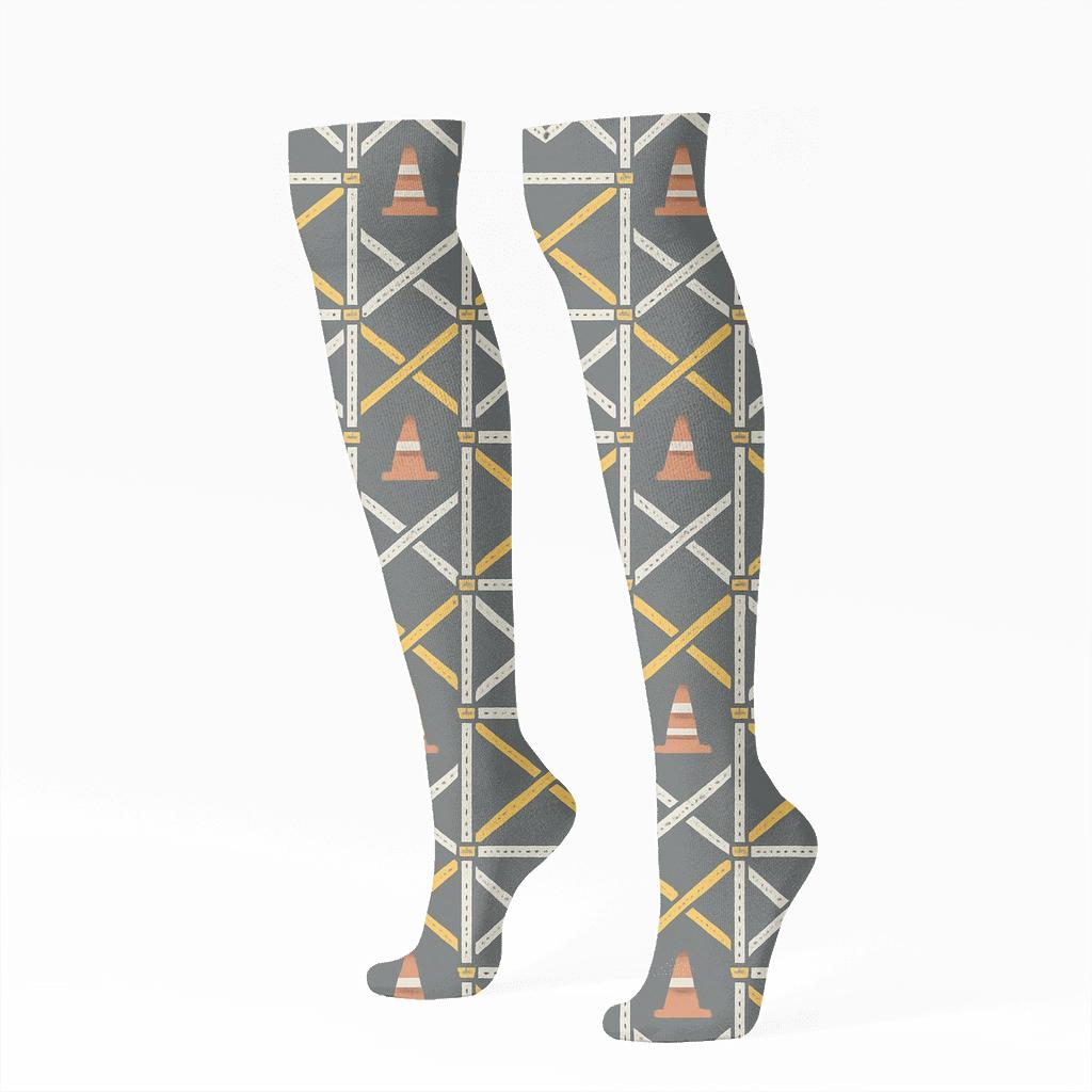Construction Worker Scaffolding Chevron Grid unique graphic knee-high socks