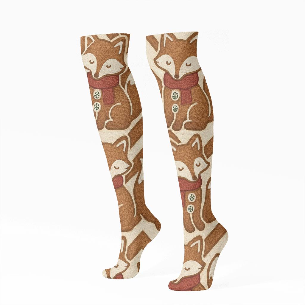 Gingerbread Fox Chevron On Warm Cream Background unique graphic knee-high socks