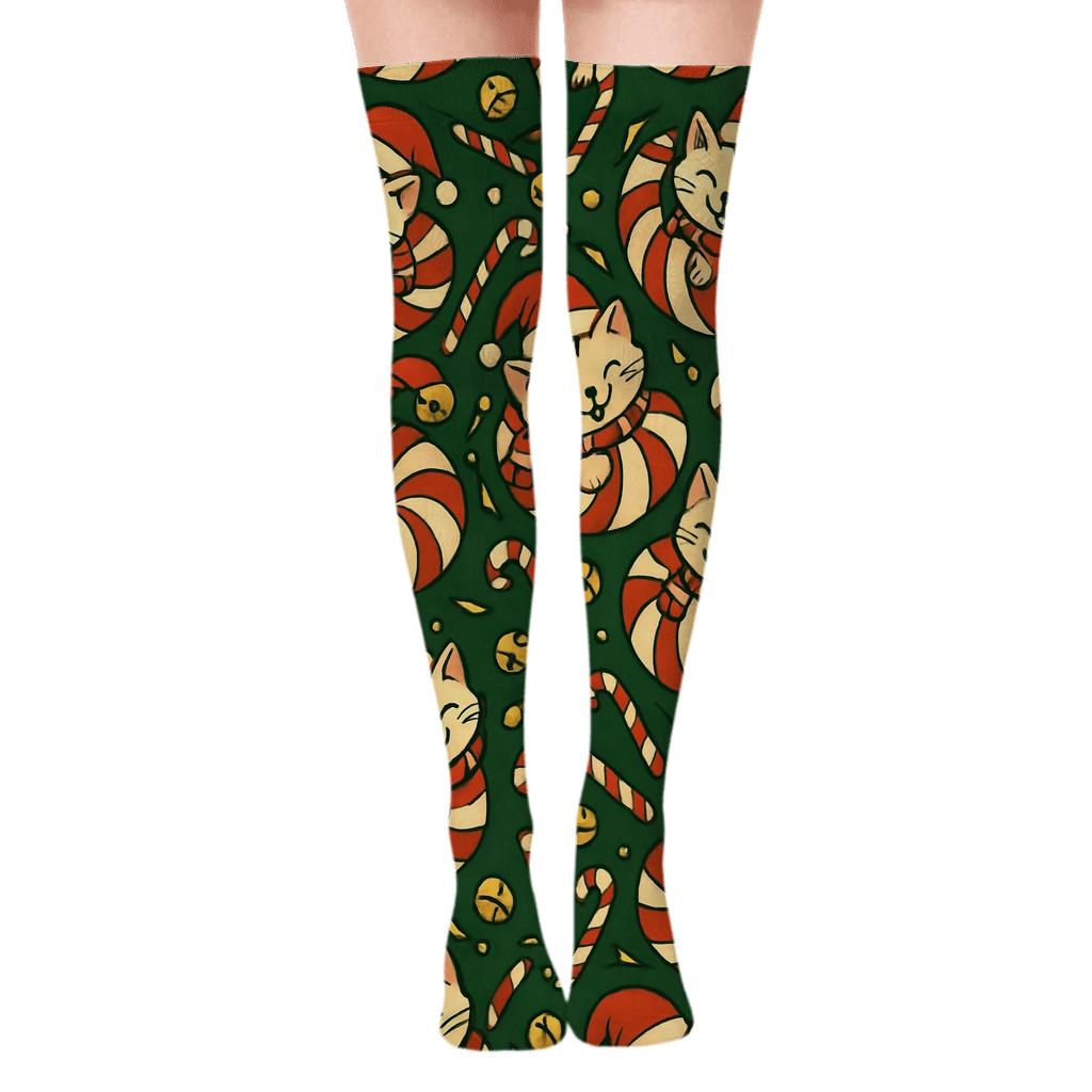 Candy Cane Cat Carousel Tessellation On Pine Green Background soft everyday over-the-knee socks