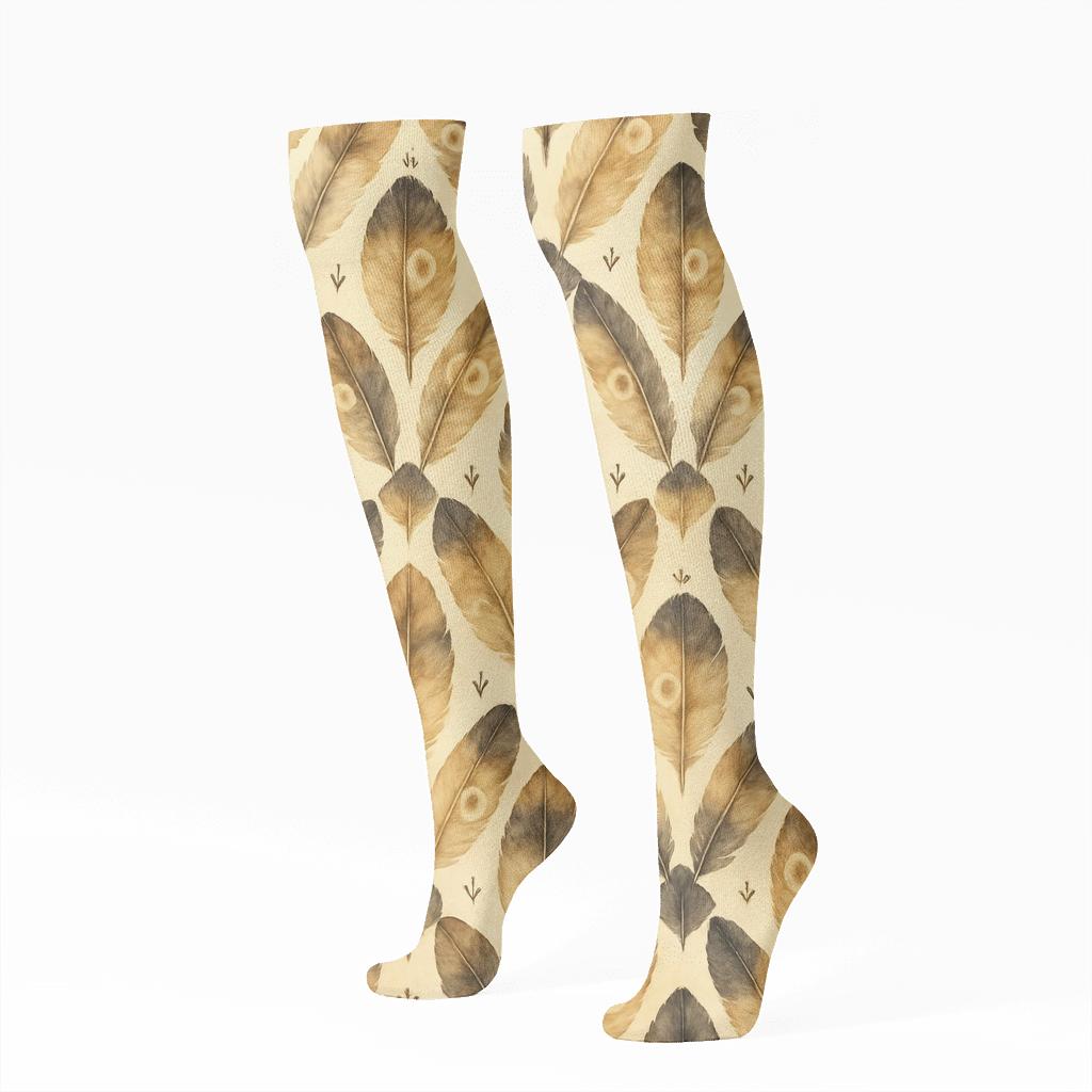 Owl Feather Lattice On Warm Ivory Background designer print knee-high socks
