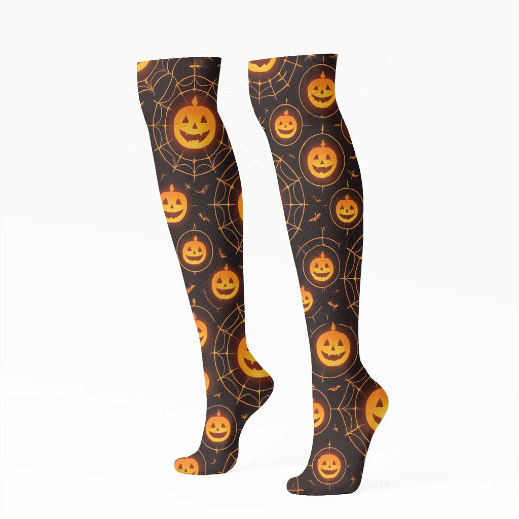 Glowing Jack O Lantern Medallion Tiles On Black Background designer print knee-high socks