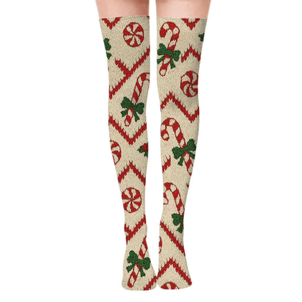 Candy Cane Chevron In Holiday Knit unique graphic over-the-knee socks