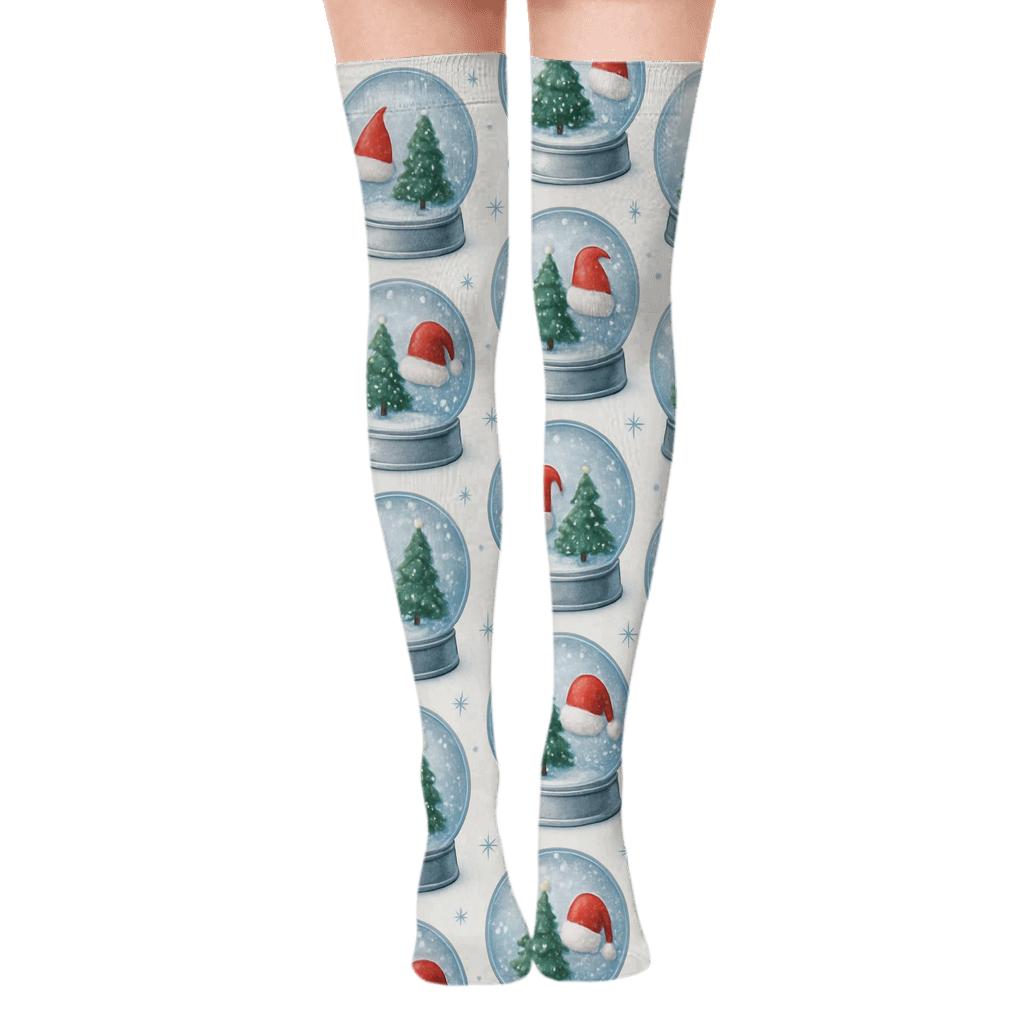 Snow Globe Grid With Christmas Scenes unique graphic over-the-knee socks