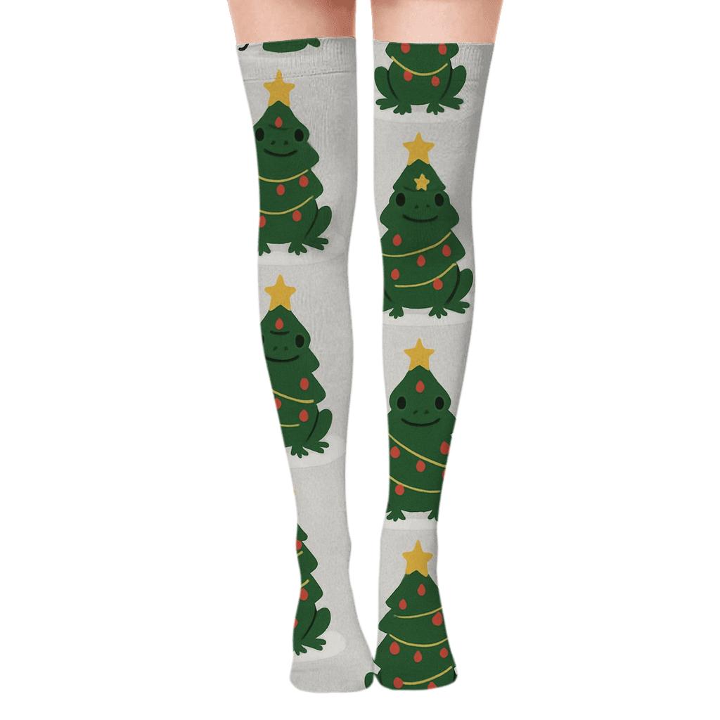 Christmas Tree Frog Dot Grid On Light Gray Background trendy patterned over-the-knee socks