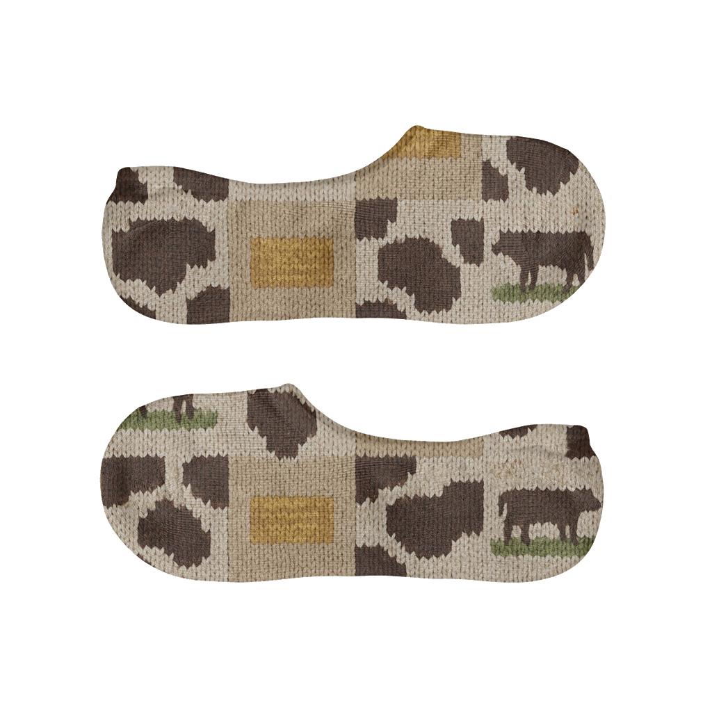Knitted Patchwork Cow Meadow Tiles designer print no-show socks
