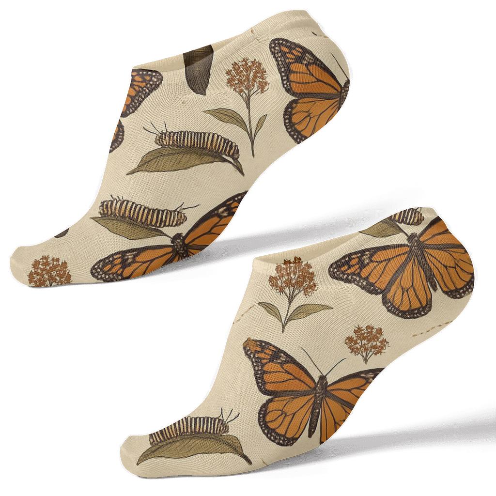 Vintage Monarch Migration Border On Warm Ivory Background designer print ankle socks
