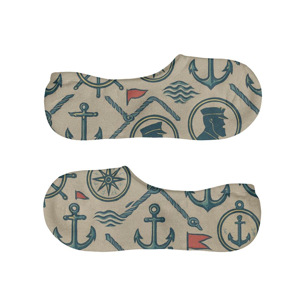 Rope And Wave Lattice With Ship Captain Icons designer printed no-show socks