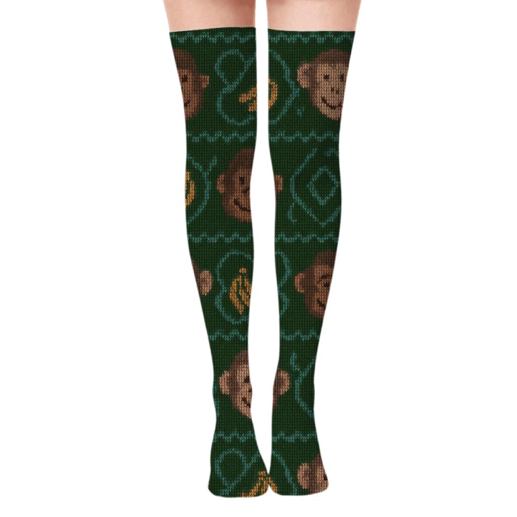 Knitted Ape Jungle Fair Isle trendy patterned over-the-knee socks