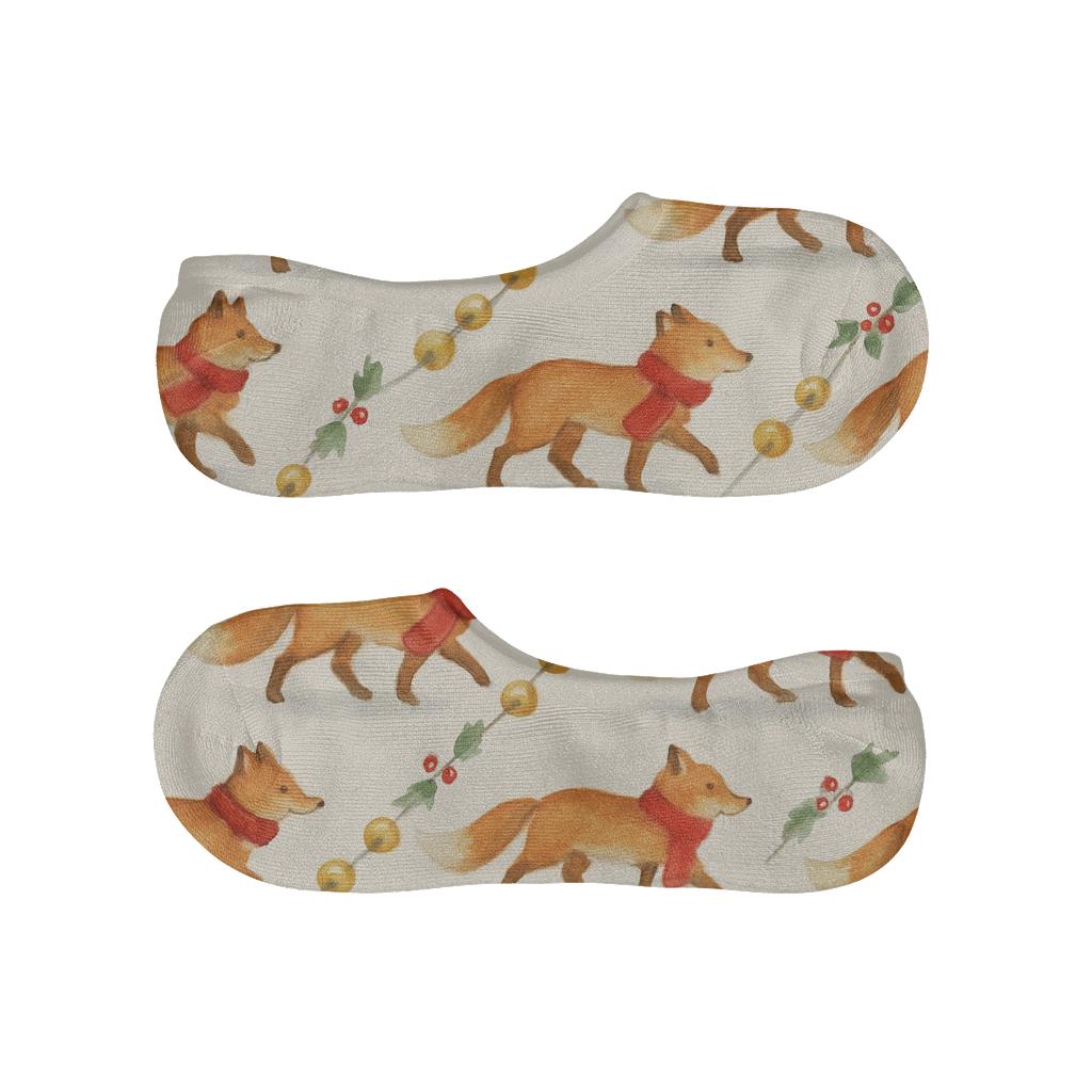 Watercolor Fox Sleigh Bell Trail Diagonals On Soft Ivory Background soft cotton no-show socks