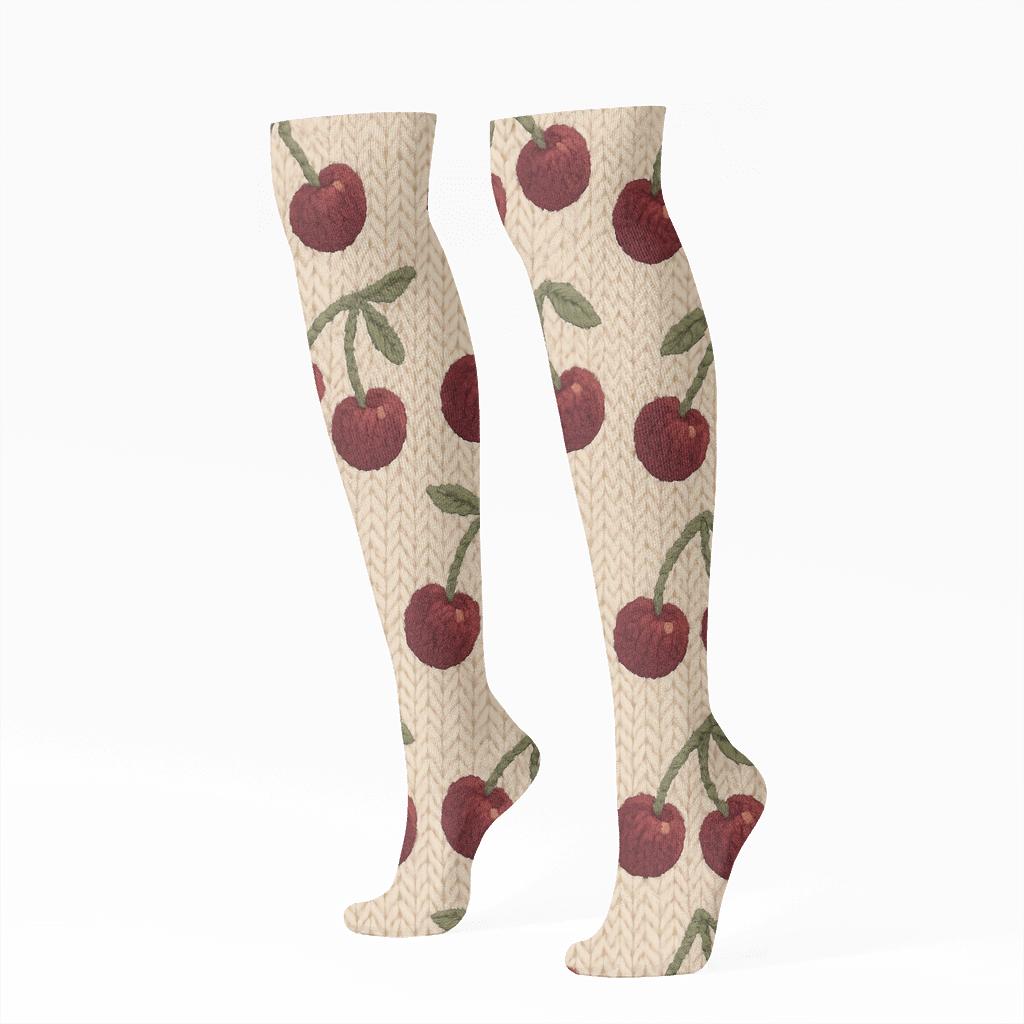 Knitted Illusion Cherry Lattice On Cream custom knee-high socks