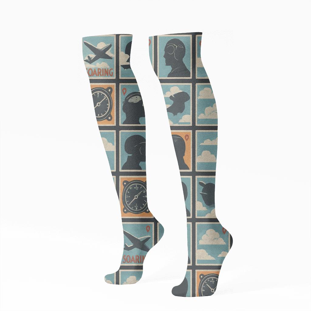 Vintage Aviation Poster Tiles Pilot Edition soft everyday knee-high socks