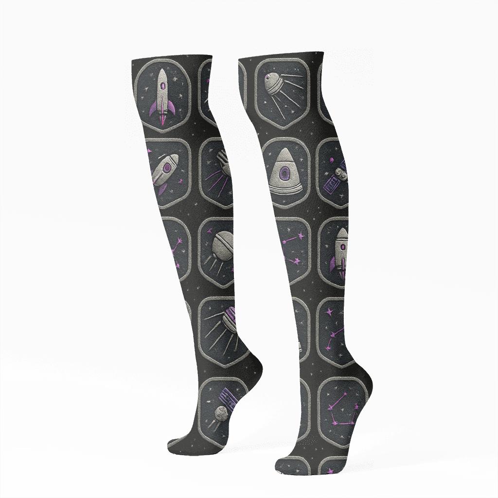 Retro Mission Patch Grid On Black Background unique graphic knee-high socks
