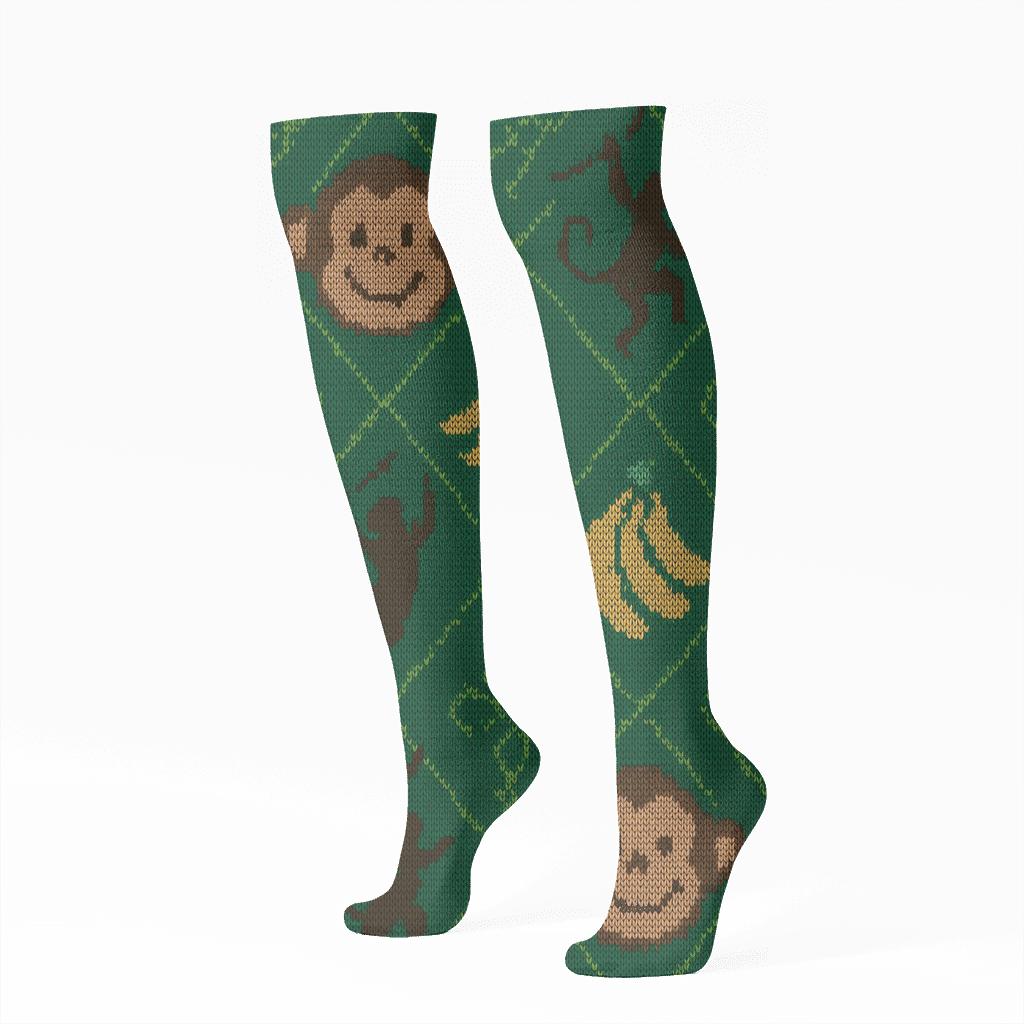 Knitted Jungle Party Monkey Repeat stylish athletic knee-high socks