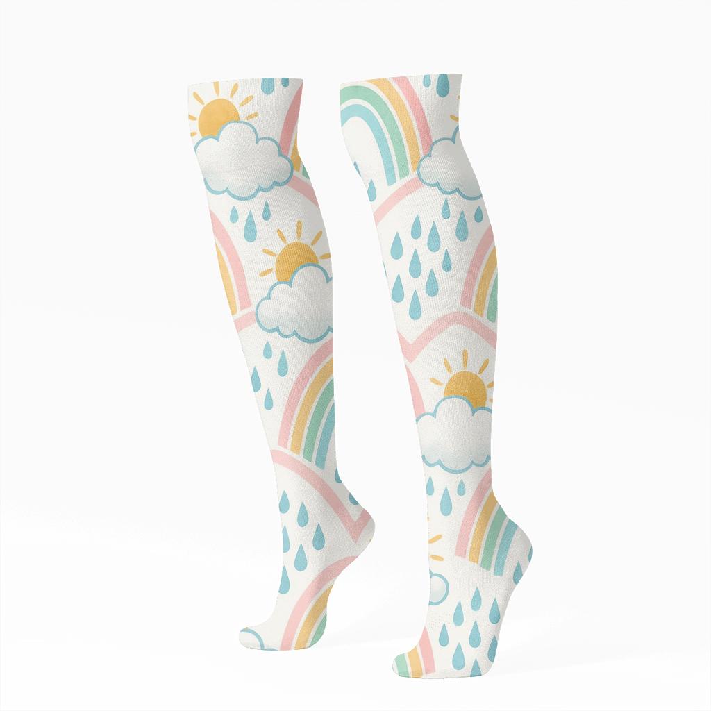 Clouds Rainbow Shower Chevron designer print knee-high socks