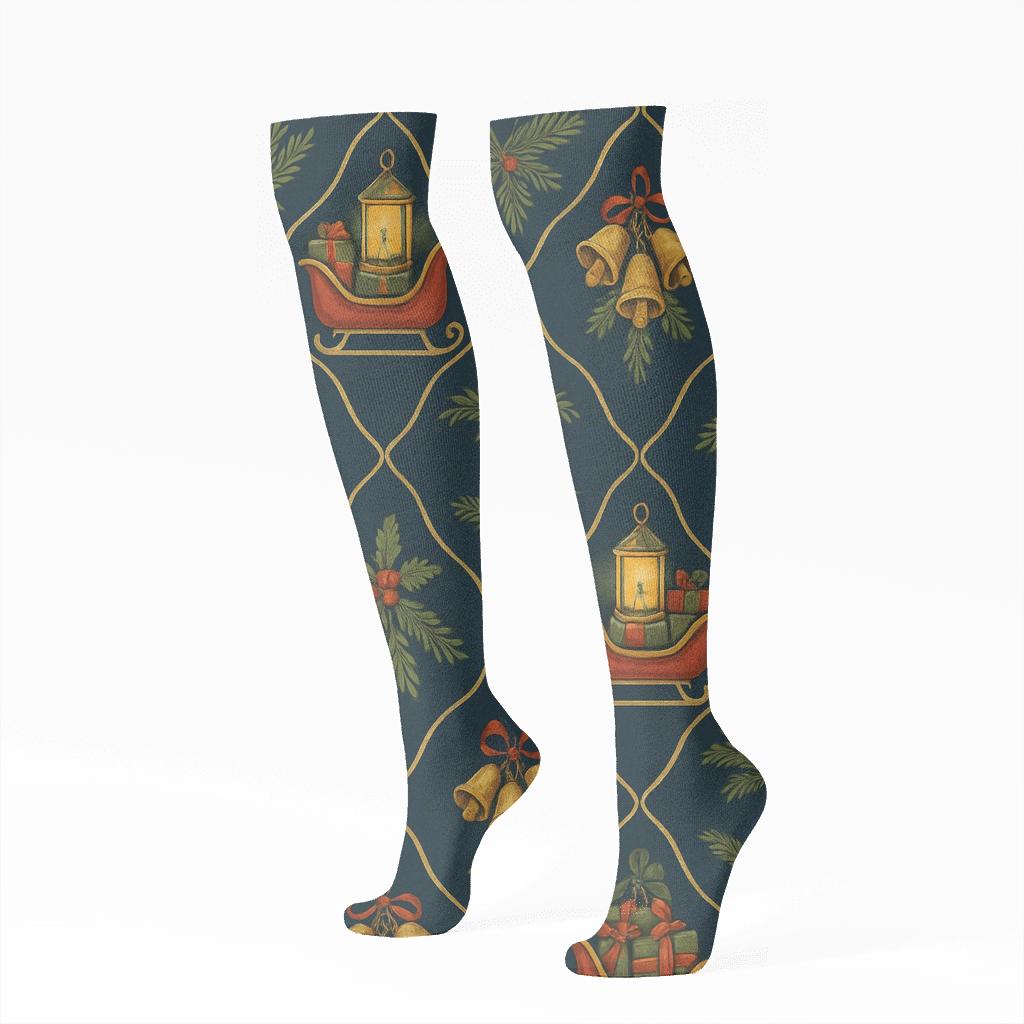 Lantern Lit Procession Sleigh Pattern designer print knee-high socks