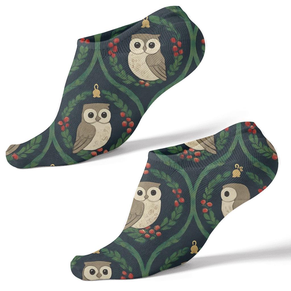 Holly Wreath Owl Medallions On Midnight Navy Background personalized ankle socks