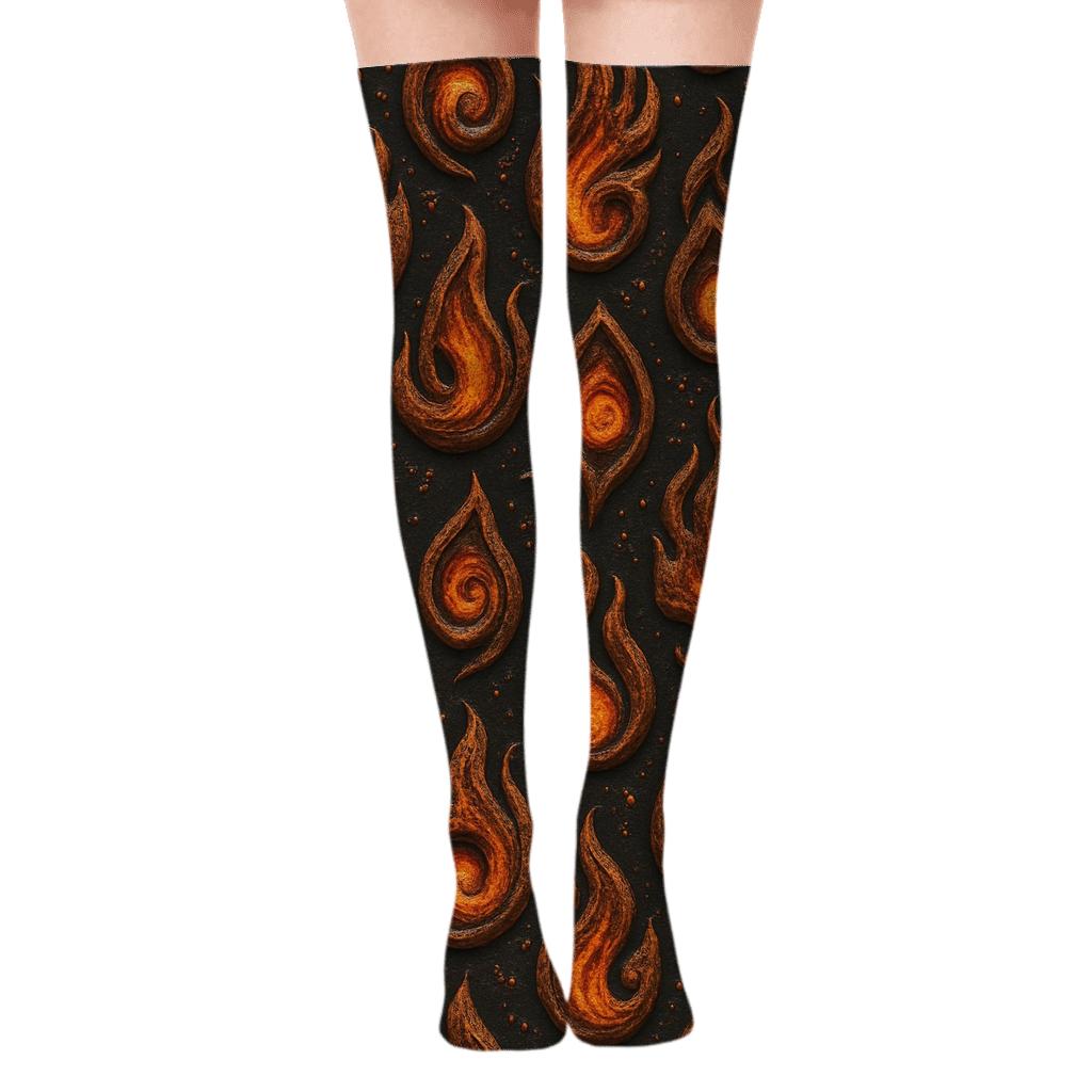 Molten Copper Flame Tessellation On Charcoal Black soft everyday over-the-knee socks