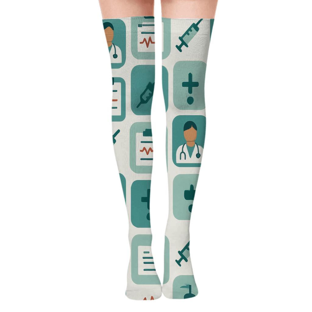 Clinic Blueprint With Doctor Silhouette Tiles soft everyday over-the-knee socks