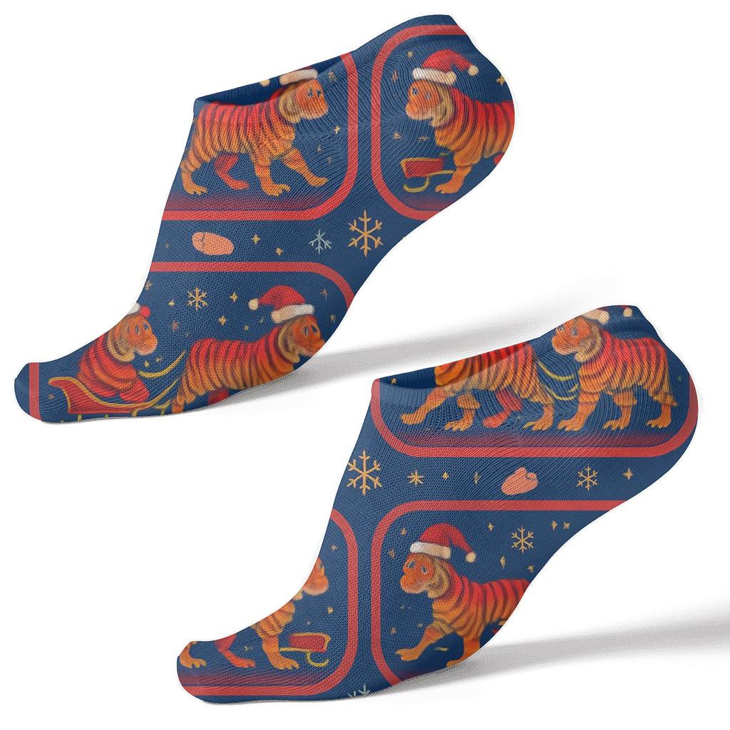 Surreal Tiger Santa Sleigh Night Tiles On Deep Blue Background custom ankle socks