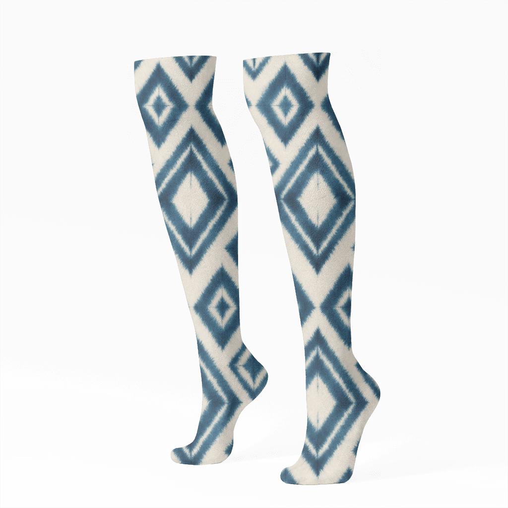 Indigo Shibori Diamond Chevron Field On Warm Ivory Background trendy patterned knee-high socks