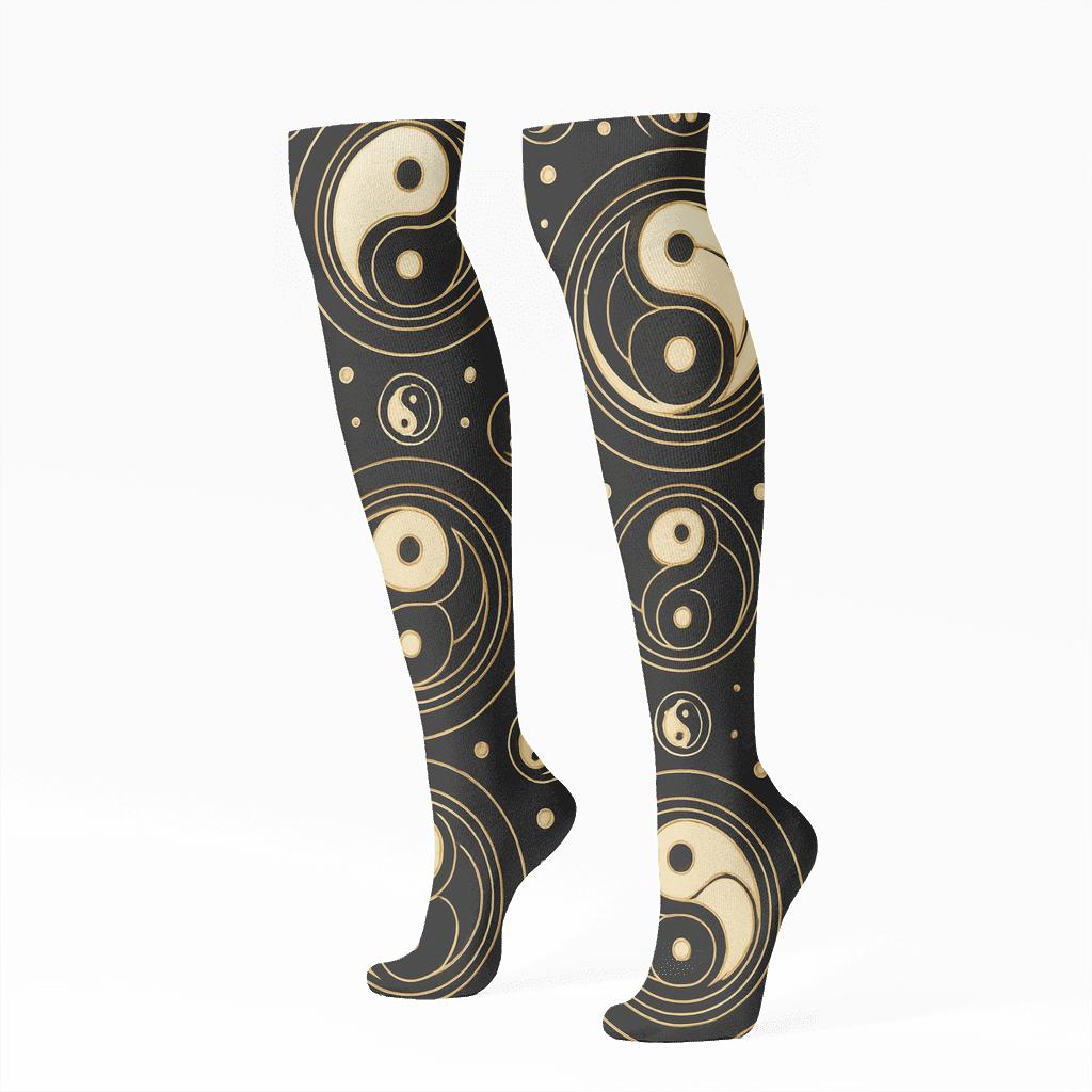 Black Gold Radial Duality Mandala Medallion Repeat stylish athletic knee-high socks