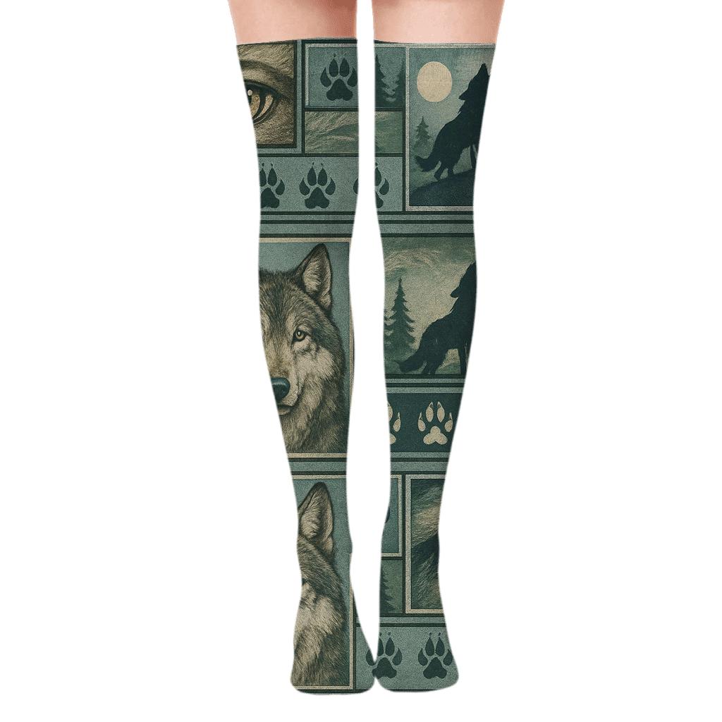Moonlit Forest Collage With Gray Wolf Motif Bands comfortable cotton over-the-knee socks