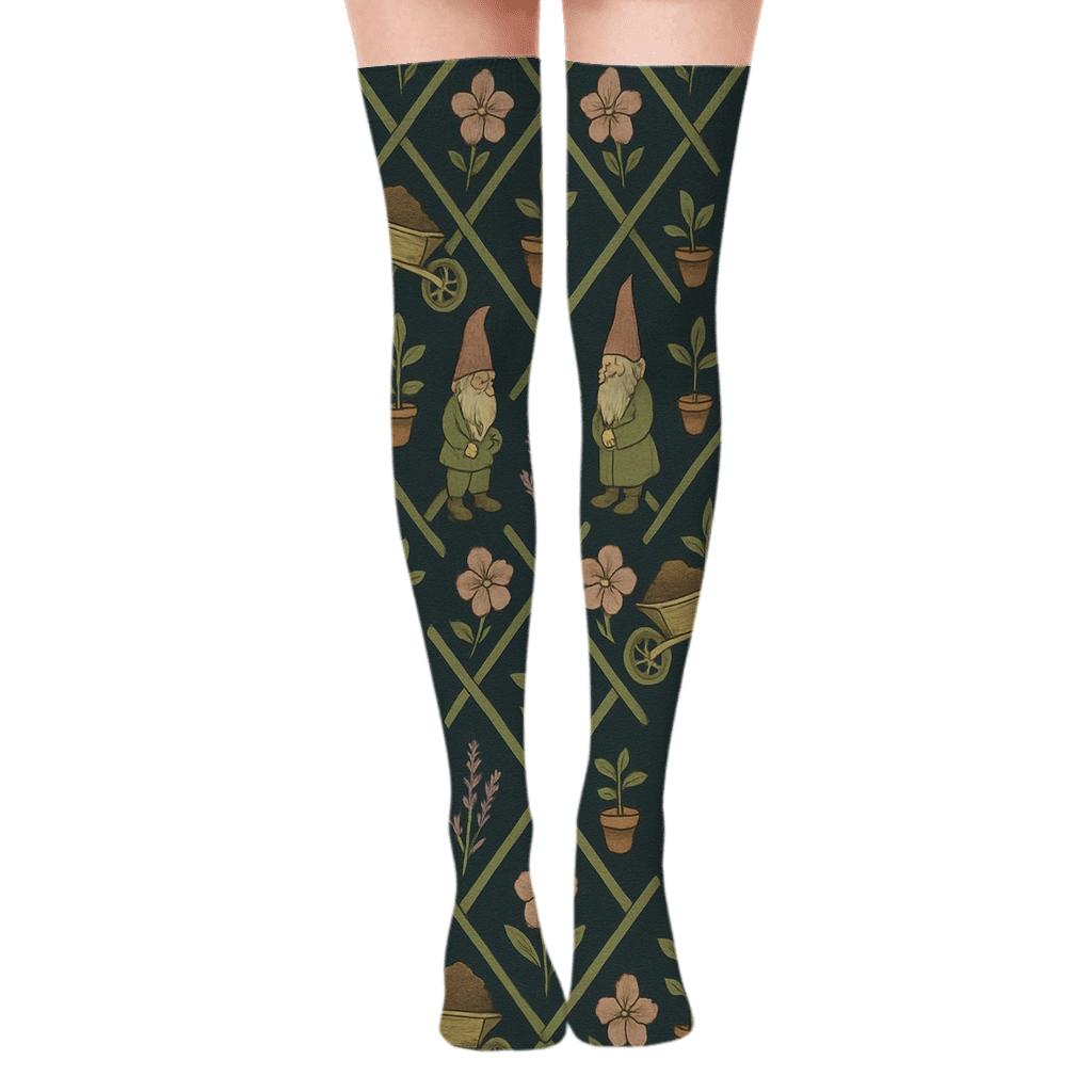 Botanical Lattice With Gardener Scenes premium cozy over-the-knee socks