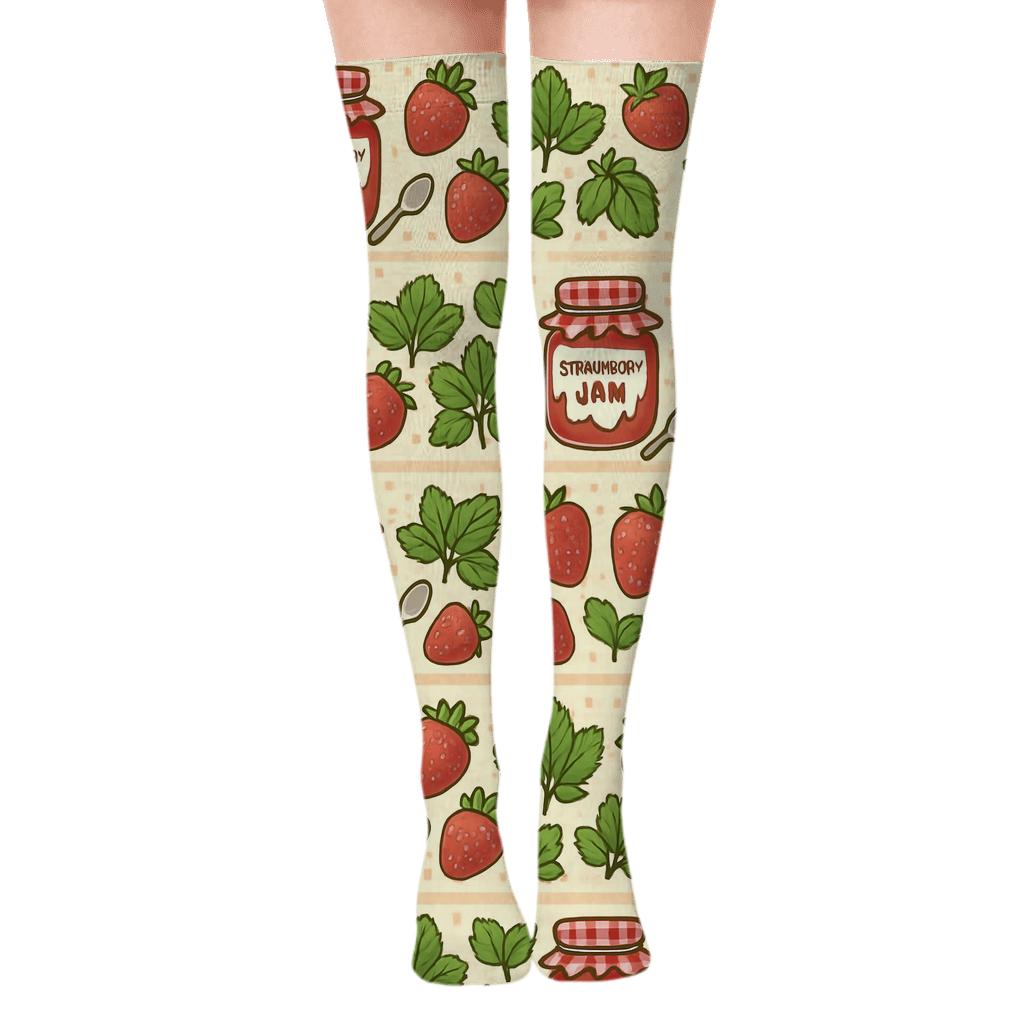 Strawberry Jam Jar Ribbon Parade On Cream Gingham Background designer print over-the-knee socks