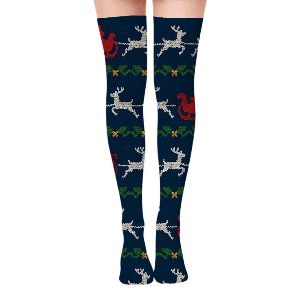 Knitted Santa Claus Sleigh Bandwork soft everyday over-the-knee socks