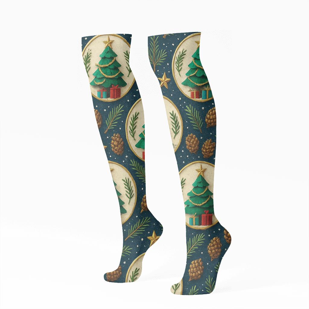 Ornament Medallions With Christmas Tree Centerpiece premium sports knee-high socks