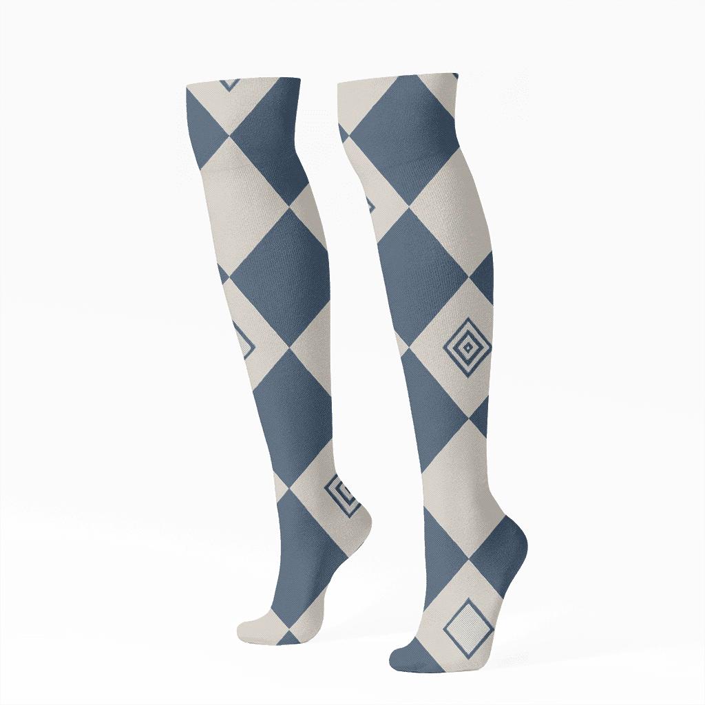 Indigo Diagonal Diamond Check With Nested Concentric Tile Inlays soft everyday knee-high socks