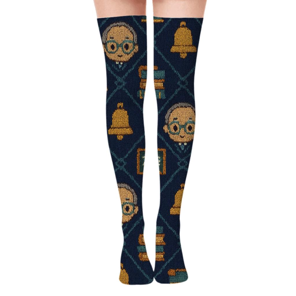 Knitted Grid School Principal Motif comfortable cotton over-the-knee socks