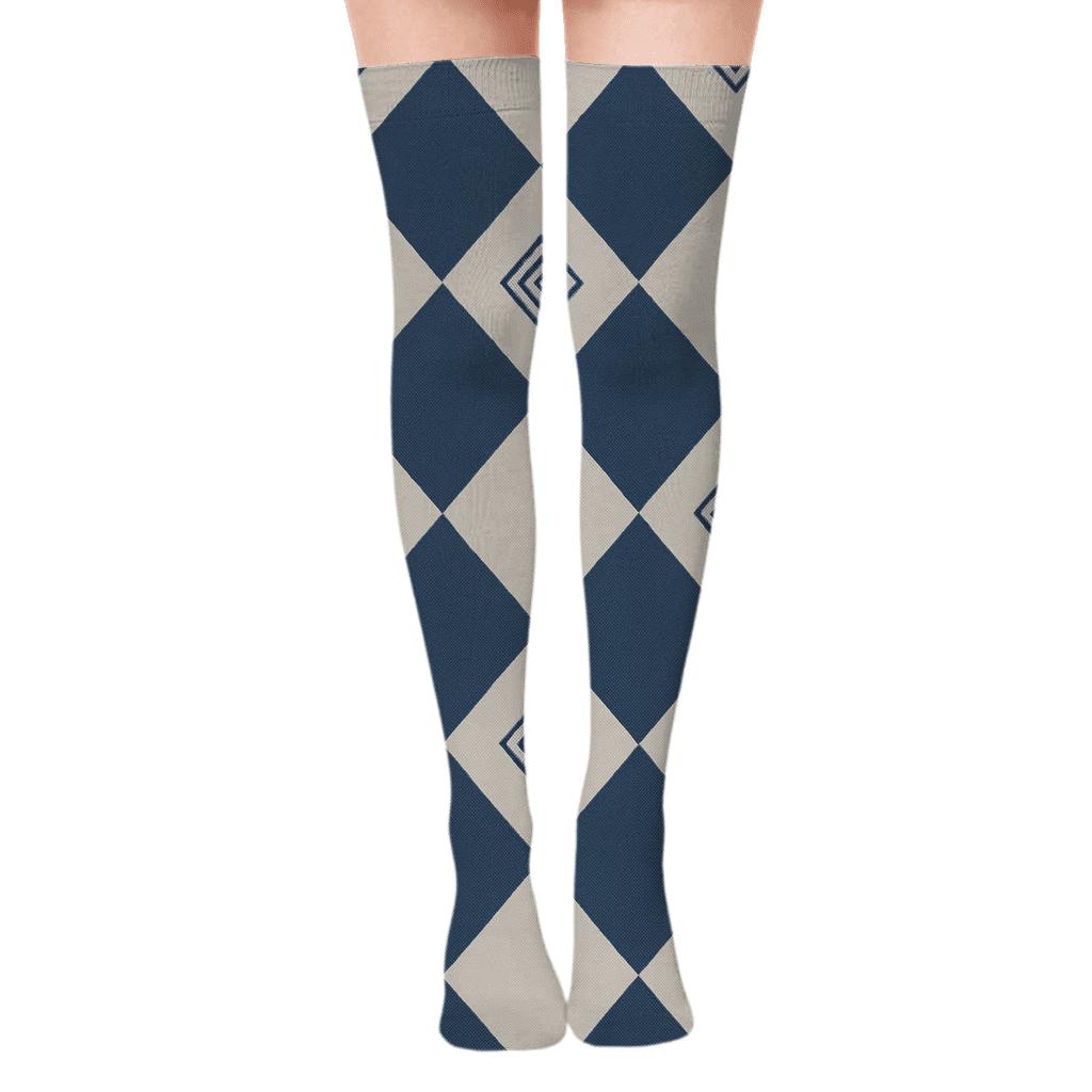 Indigo Diagonal Diamond Check With Nested Concentric Tile Inlays unique graphic over-the-knee socks